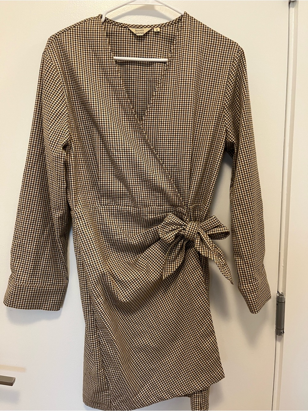 Wrap Front Gingham Tie-Waist Dress - Brown/White